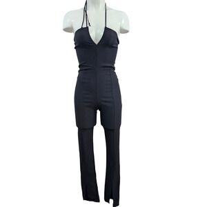 PrettyLittleThing Black Stretch Woven V Neck Halter Split Hem Jumpsuit US 4 NEW